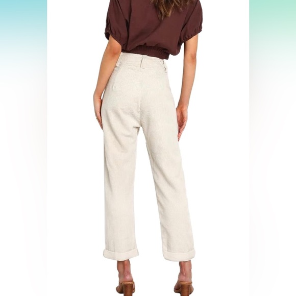 Women's High Waisted Cropped Corduroy Pants Straight Leg Trousers with Pockets - Picture 4 of 5